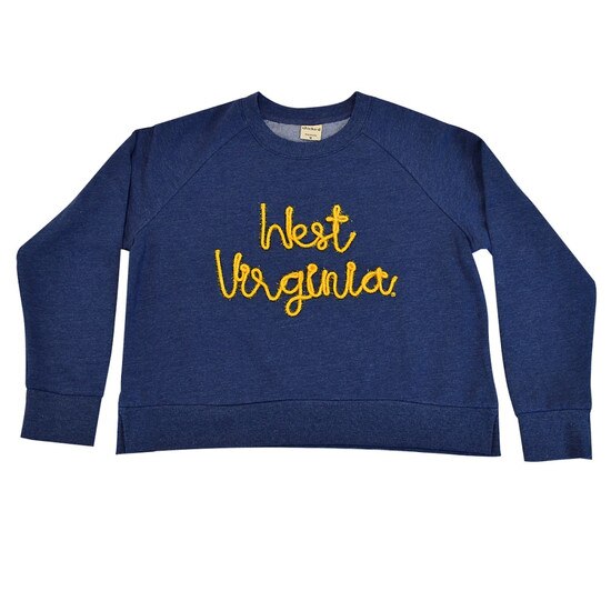 Flat lay of the navy women's pullover crew with West Virginia in metallic gold rope yarn embroidery