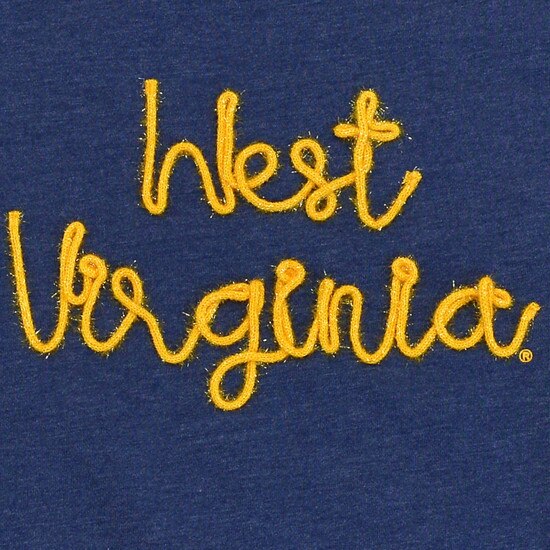 Close up of the West Virginia in metallic gold rope yarn embroidery on the navy women's pullover crew