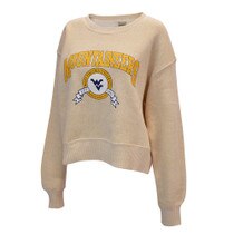 Light beige WVU women's crew with Mountaineers arched over a circle banner featuring the Flying WV Logo full front screen print
