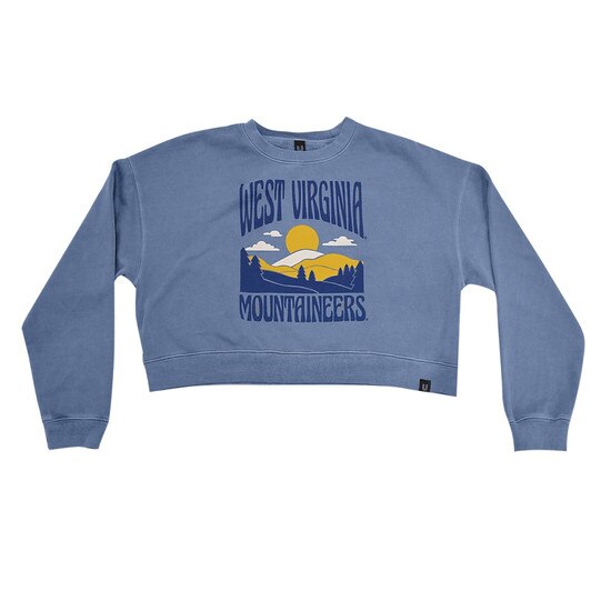Flat lay of the slate WVU cropped crew sweatshirt with a West Virginia Mountaineers summit full front graphic