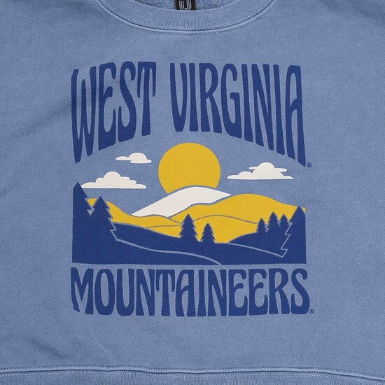 Close up of the West Virginia Mountaineers summit full front graphic on the slate WVU cropped crew sweatshirt