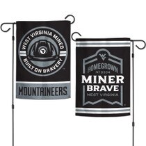 Double sided WVU garden flag with round graphic with West Virginia Mined, Built on Bravery and a miner's helmet over Mountaineers on one side and Homegrown, No. 304, Miner Brave over West Virginia