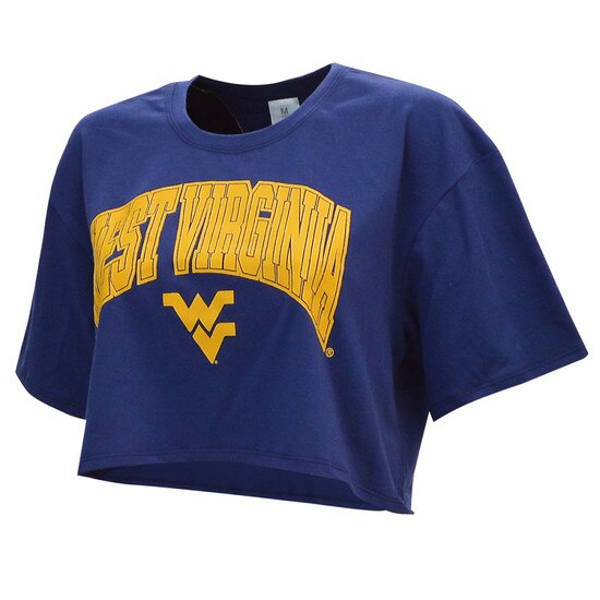 Navy Zoozatz WVU crop top with West Virginia arched over a Flying WV in gold