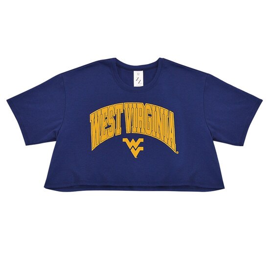 Flat lay of the navy Zoozatz WVU crop top with West Virginia arched over a Flying WV in gold