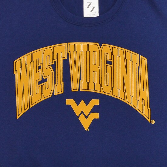 Close up of the West Virginia arched over a Flying WV in gold chest graphic on the navy Zoozatz WVU crop top