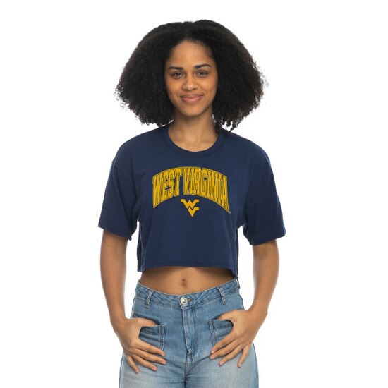 Model wearing the navy Zoozatz WVU crop top with West Virginia arched over a Flying WV in gold
