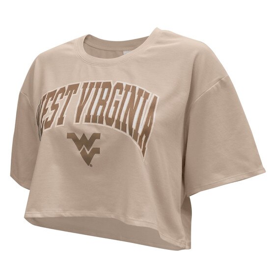 Sand WVU crop top with West Virginia arched over a Flying WV as the front graphic