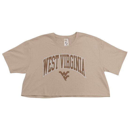 Flat lay of the sand WVU crop top with West Virginia arched over a Flying WV as the front graphic