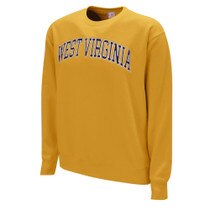 Gold crew sweatshirt with applique West Virginia text across the chest