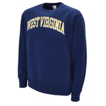 Navy crew sweatshirt with West Virginia chest graphic in suede-like applique