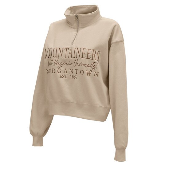 Sand WVU cropped quarter zip with Mountaineers over West Virginia University over Morgantown over EST. 1867 embroidered as front graphic