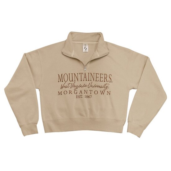 Flat lay of the sand WVU cropped quarter zip with Mountaineers over West Virginia University over Morgantown over EST. 1867 embroidered as front graphic