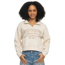 Sand WVU cropped quarter zip with Mountaineers over West Virginia University over Morgantown over EST. 1867 embroidered as front graphic