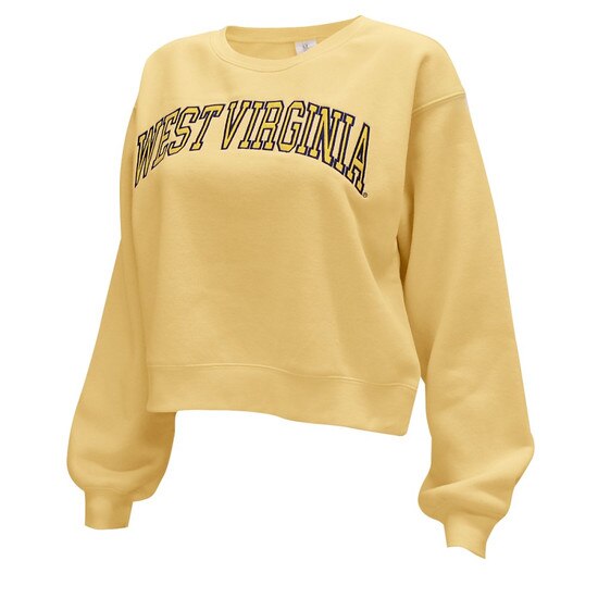 Butter WVU cropped crew with an arched West Virginia as the front graphic