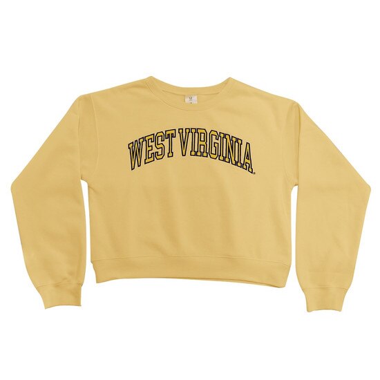 Flat lay of the butter WVU cropped crew with an arched West Virginia as the front graphic