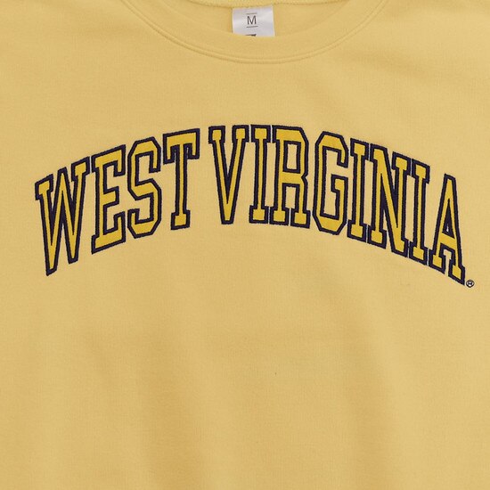 Close up of the arched West Virginia as the front graphic on the butter WVU cropped crew