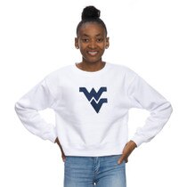 White WVU women's cropped crew sweatshirt with Flying WV Logo full front graphic
