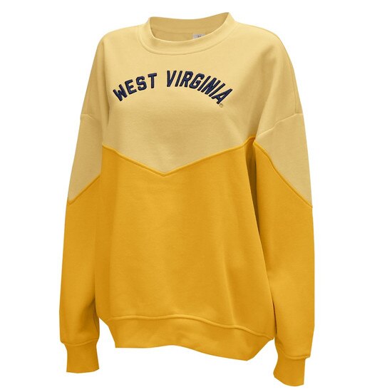 Butter WVU women's crew with top of body and sleeves in butter, bottom of body and sleeves in gold, and arched raised embroidered West Virginia in navy as chest graphic