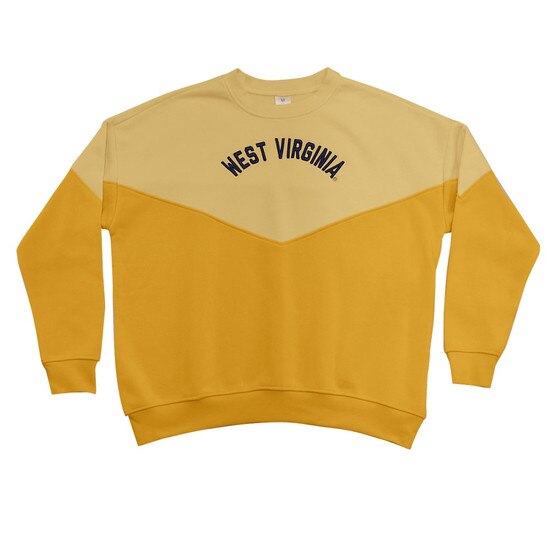 Flat lay of the butter WVU women's crew with top of body and sleeves in butter, bottom of body and sleeves in gold, and arched raised embroidered West Virginia in navy as chest graphic