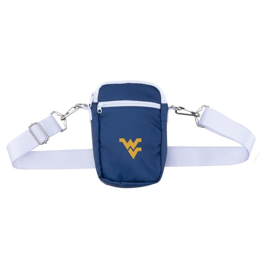 Navy WVU cross body bag with a Flying WV Logo embroidery on front