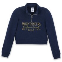 Navy WVU girls quarter zip sweatshirt with full front West Virginia University embroidered design